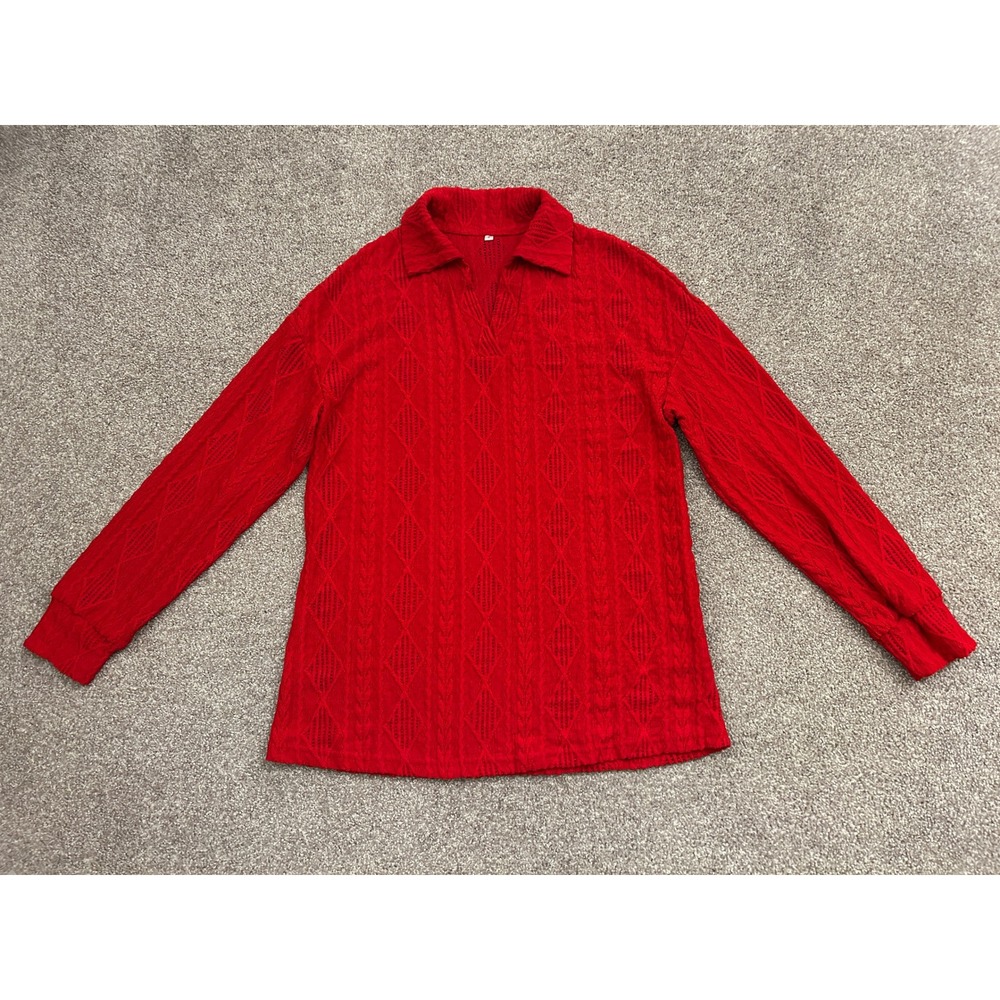 Retro Inspired Long Sleeve Polo Top Women Size S Red Excellent Diamond Pointelle
